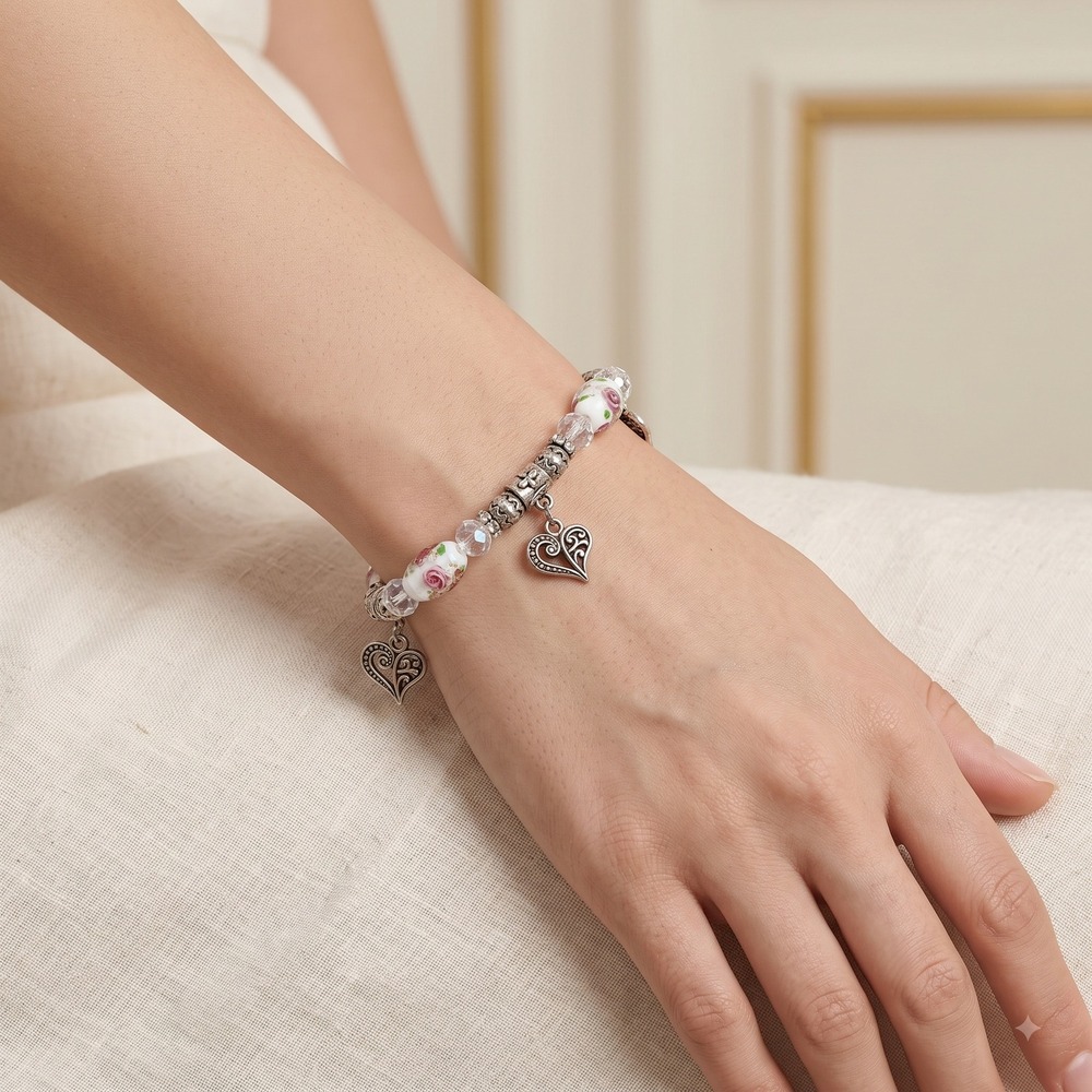 Vintage Style Floral Glass Rose Heart Charm Stretch Bracelet Silver Tone Pink